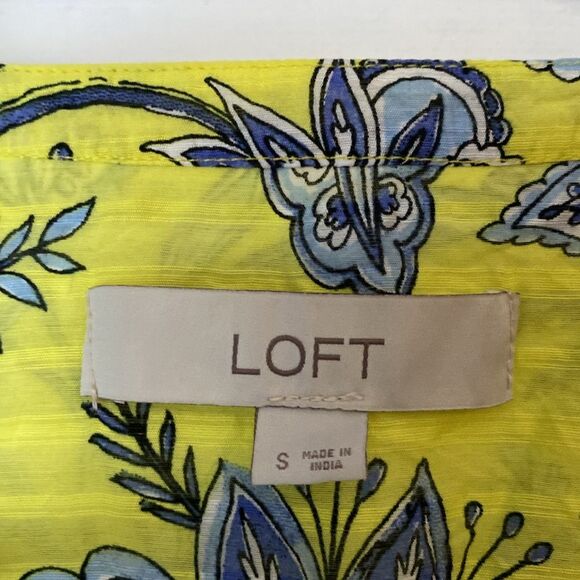 Loft Yellow with Blue Flowers Ruffle Sleeve Top Size Small - Picture 2 of 10